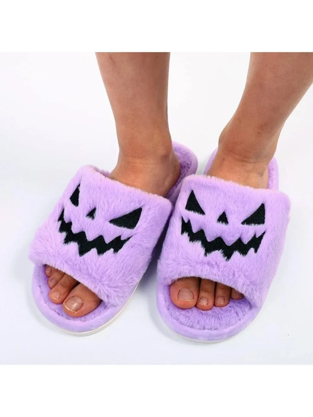 Unisex Purple Halloween Indoor Outdoor Open Toe Spooky Slides Fuzzy Slippers - Picture 4 of 7